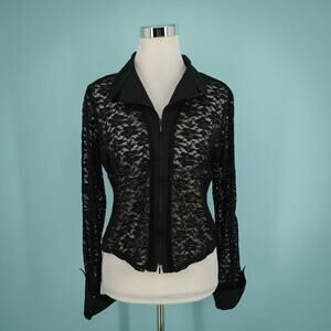 Samuel Dong Dons Collection Size XL Black Lace Full Zip Collared Long Sleeve Top